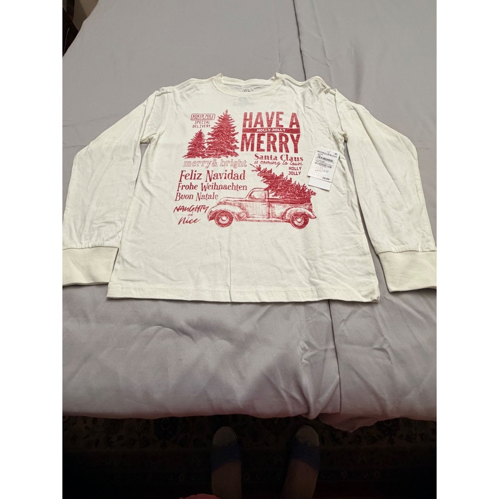 T&B Kids Ivory Cloud Merry Holly Jolly Christmas Long Sleeve Graphic Tee S 7/8